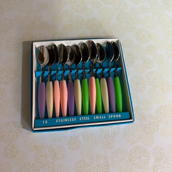 Vintage Small Spoons set of 12 deadstock stainless steel spoons neon han… - Picture 2 of 5